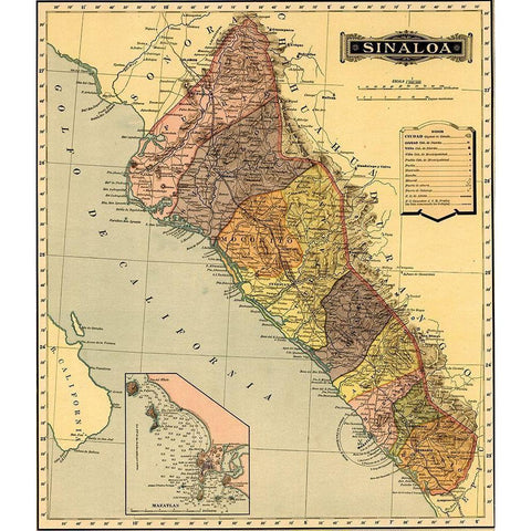 Sinaloa 1844 Black Modern Wood Framed Art Print with Double Matting by Vintage Maps