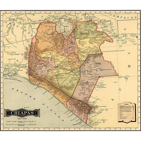 Chipas 1844 Gold Ornate Wood Framed Art Print with Double Matting by Vintage Maps