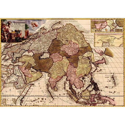Asia 1680 Black Modern Wood Framed Art Print with Double Matting by Vintage Maps