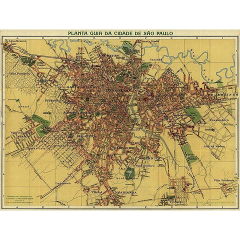 Sao Paolo Brazil 1913 Gold Ornate Wood Framed Art Print with Double Matting by Vintage Maps