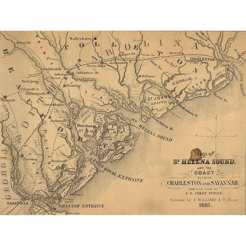 St Helena Sound and the coast between Charleston and Savannah 1861 White Modern Wood Framed Art Print by Vintage Maps