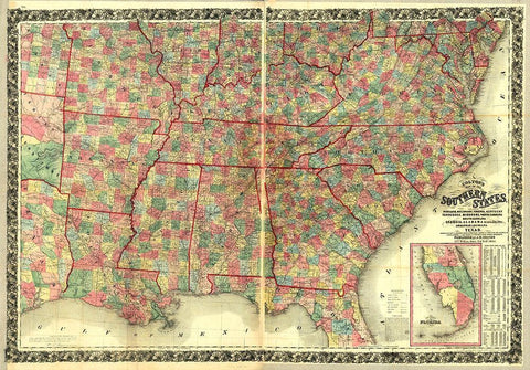 Southern States White Modern Wood Framed Art Print with Double Matting by Vintage Maps