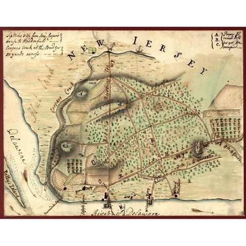 Camden New Jersey and Environs 1778 Gold Ornate Wood Framed Art Print with Double Matting by Vintage Maps