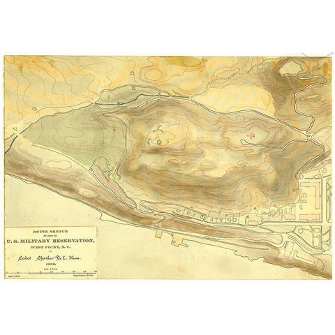 Route sketch of part of U S Military Reservation West Point N Y 1889 Gold Ornate Wood Framed Art Print with Double Matting by Vintage Maps
