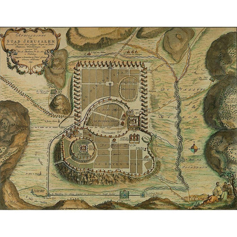 Antique Map of Jerusalem Black Modern Wood Framed Art Print with Double Matting by Vintage Maps