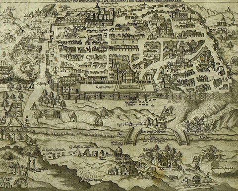Antique Map of Jerusalem Black Ornate Wood Framed Art Print with Double Matting by Vintage Maps