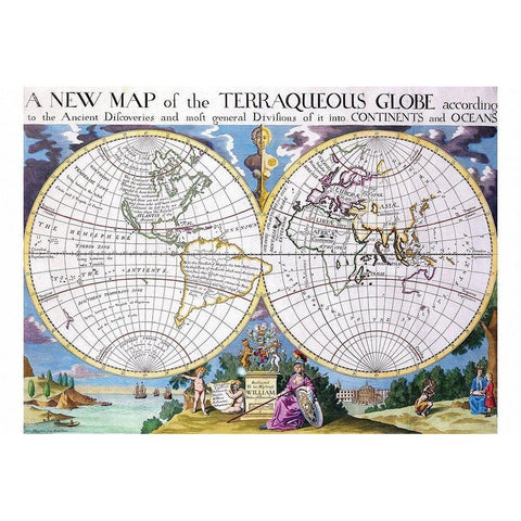 Stereographic Projection of the World with Latitude and Longitudinal lines White Modern Wood Framed Art Print by Wells, Edward