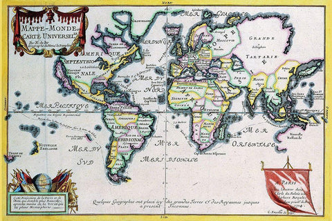Mappe Monde or Carte Universel Black Ornate Wood Framed Art Print with Double Matting by Fer, Nicolas De