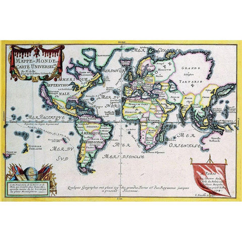 Mappe Monde or Carte Universel White Modern Wood Framed Art Print by Fer, Nicolas De