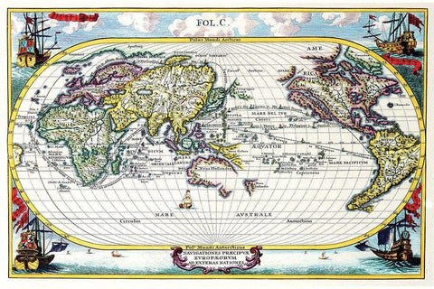 Navigationes Precipae Europorum ad Exteras Nationes Navigational Map of the World White Modern Wood Framed Art Print with Double Matting by Scherer, Heinrich