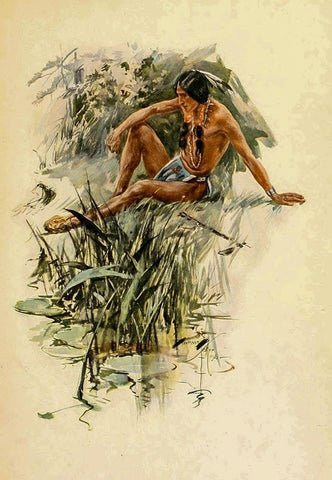 Indian by the river from The Song of Hiawatha 1906 White Modern Wood Framed Art Print with Double Matting by Fisher, Harrison