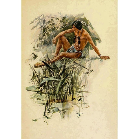 Indian by the river from The Song of Hiawatha 1906 Black Modern Wood Framed Art Print by Fisher, Harrison