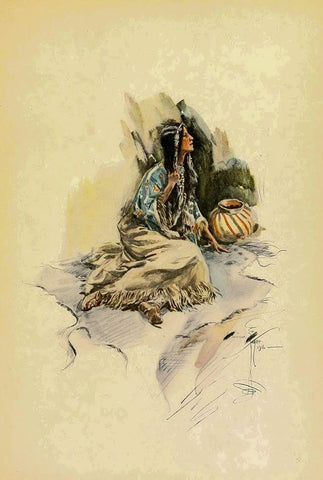 Indian Woman with pot from The Song of Hiawatha 1906 White Modern Wood Framed Art Print with Double Matting by Fisher, Harrison