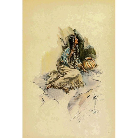 Indian Woman with pot from The Song of Hiawatha 1906 Gold Ornate Wood Framed Art Print with Double Matting by Fisher, Harrison