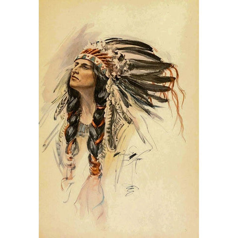 Indian with Head Dress from The Song of Hiawatha 1906 White Modern Wood Framed Art Print by Fisher, Harrison