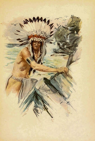 Indian with Head Dress from The Song of Hiawatha 1907 White Modern Wood Framed Art Print with Double Matting by Fisher, Harrison