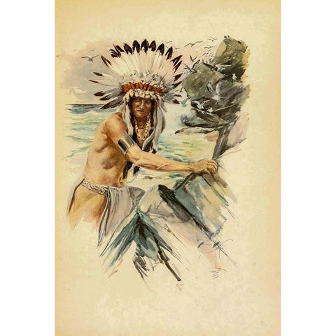 Indian with Head Dress from The Song of Hiawatha 1907 White Modern Wood Framed Art Print by Fisher, Harrison