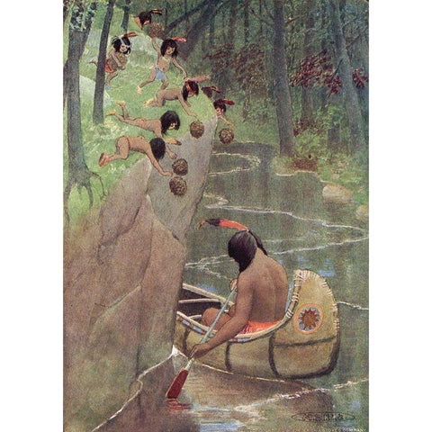 They hurled down pinecones from Story of Hiawatha 1910 Black Modern Wood Framed Art Print with Double Matting by Kirk, Maria