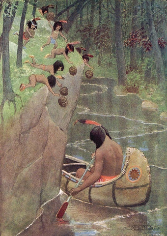 They hurled down pinecones from Story of Hiawatha 1910 White Modern Wood Framed Art Print with Double Matting by Kirk, Maria