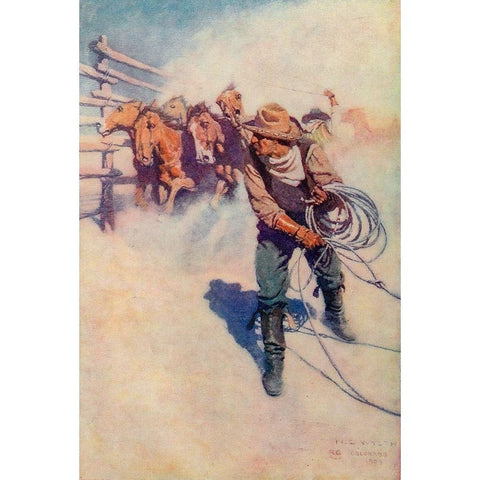 A day with the round up Gold Ornate Wood Framed Art Print with Double Matting by Wyeth, Newell