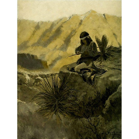 Navajo herder in the foothills Black Modern Wood Framed Art Print with Double Matting by Wyeth, Newell
