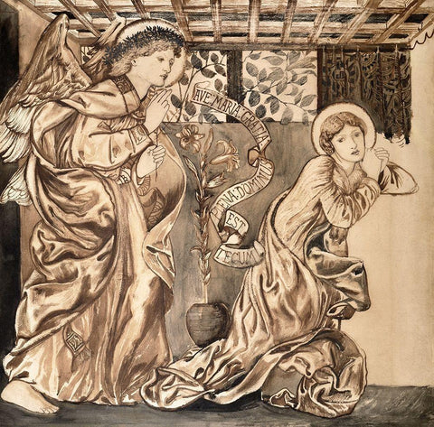 The Annunciation Black Ornate Wood Framed Art Print with Double Matting by Burne–Jones, Edward