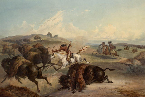 Indians hunting the bison White Modern Wood Framed Art Print with Double Matting by Bodmer, Karl