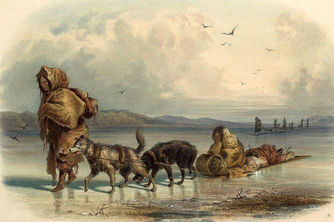 Dog sledges of the Mandan indians White Modern Wood Framed Art Print with Double Matting by Bodmer, Karl