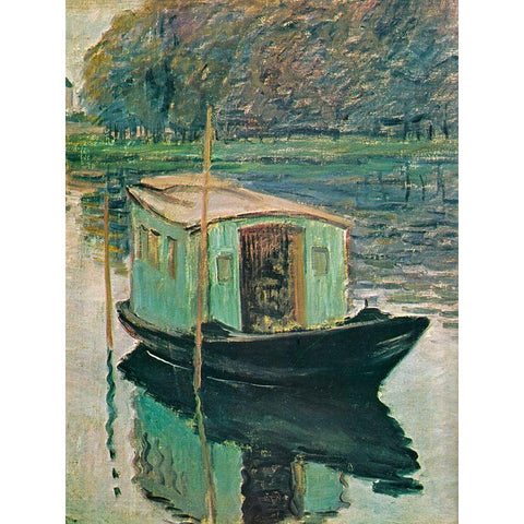 The Floating Studio 1874 White Modern Wood Framed Art Print by Monet, Claude