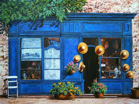 La Maison Blue White Modern Wood Framed Art Print with Double Matting by Borelli, Guido