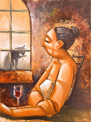 Lady and Cat I White Modern Wood Framed Art Print with Double Matting by West, Ronald