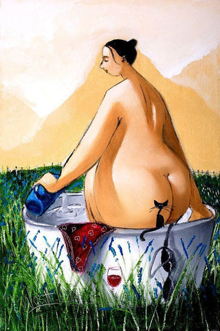 Private Bath Black Ornate Wood Framed Art Print with Double Matting by West, Ronald