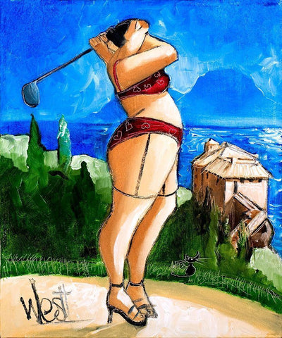 Golf Driving Black Ornate Wood Framed Art Print with Double Matting by West, Ronald