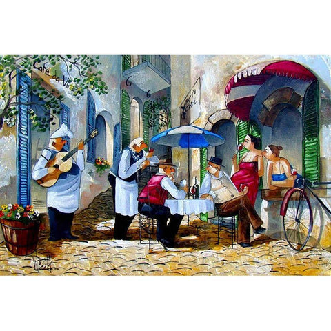 Poker Players at Cafe Kitty Black Modern Wood Framed Art Print with Double Matting by West, Ronald