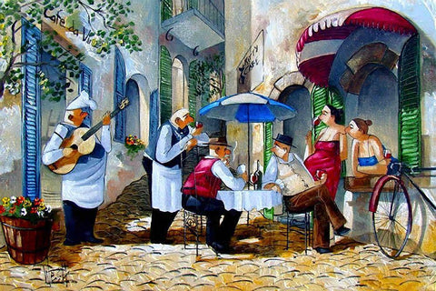 Poker Players at Cafe Kitty Black Ornate Wood Framed Art Print with Double Matting by West, Ronald