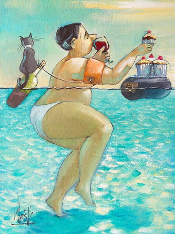 Cupcakes and Wine I Black Ornate Wood Framed Art Print with Double Matting by West, Ronald