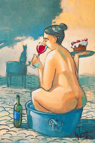 Wine and Cake in a Tub White Modern Wood Framed Art Print with Double Matting by West, Ronald