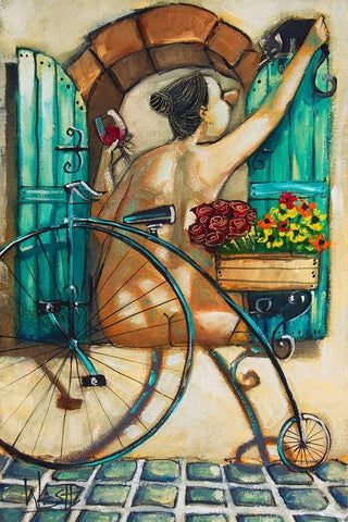 Lady in Window III White Modern Wood Framed Art Print with Double Matting by West, Ronald