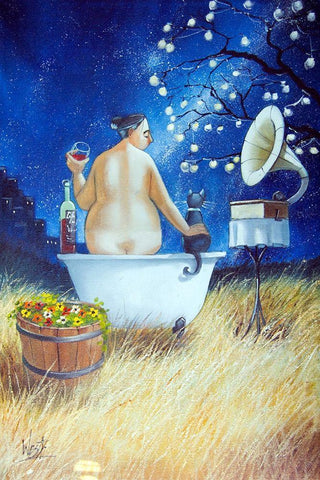 Starry Bath III White Modern Wood Framed Art Print with Double Matting by West, Ronald