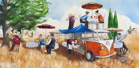 A Traveling Restaurant White Modern Wood Framed Art Print with Double Matting by West, Ronald