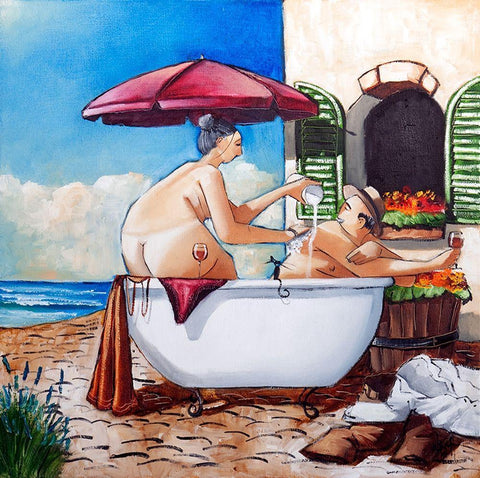 Terrace Bath Black Ornate Wood Framed Art Print with Double Matting by West, Ronald