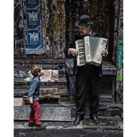 The Busker And The Boy Black Modern Wood Framed Art Print with Double Matting by Russell, Vince