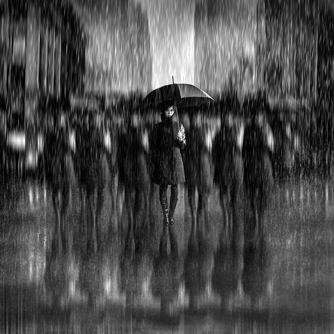 Girls in the Rain Black Modern Wood Framed Art Print by Bunjamin (Abe), Antonyus