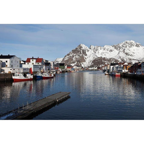 Henningsvaer Hafen Lofoten im Winter Black Modern Wood Framed Art Print with Double Matting by Fischer, Rolf