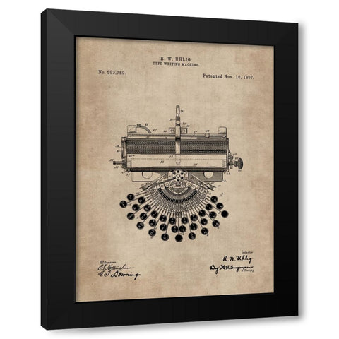 Patent Document of a Type Writing Machine Black Modern Wood Framed Art Print with Double Matting by CAG