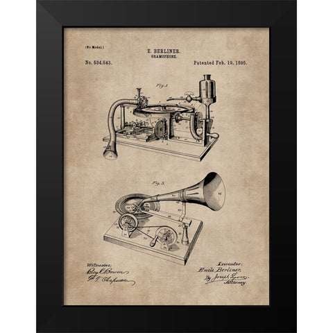 Patent Document of a Gramophone Black Modern Wood Framed Art Print by CAG