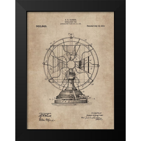 Patent Document of an Oscillating Fan Black Modern Wood Framed Art Print by CAG