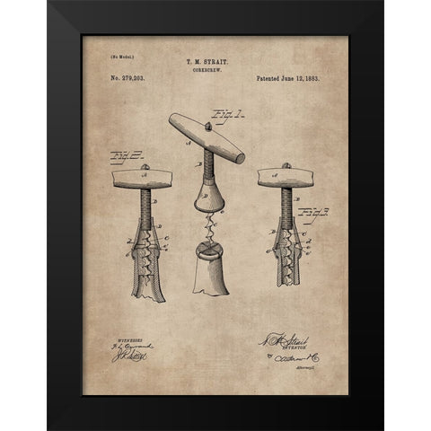 Patent Document of a Cork Screw Black Modern Wood Framed Art Print by CAG