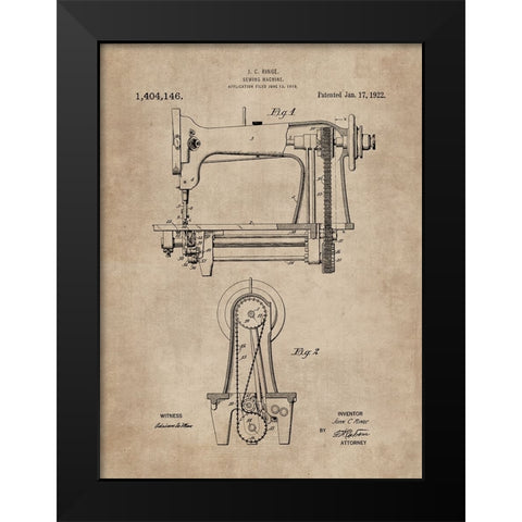 Patent Document of a Sewing Machine Black Modern Wood Framed Art Print by CAG