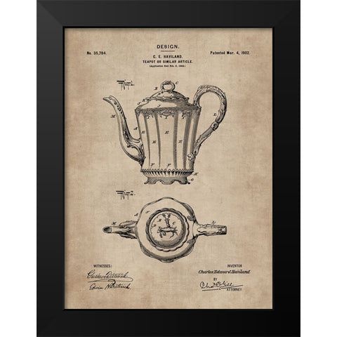 Patent Document of a Teapot Black Modern Wood Framed Art Print by CAG